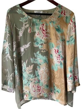 Citron Floral Leaves Sheer Blouse Sage Tan Sz L Silk Blend